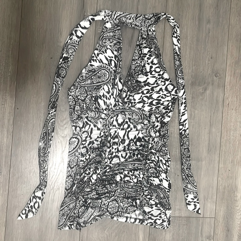 Women Junior Top Blouse Black and White Paisley S